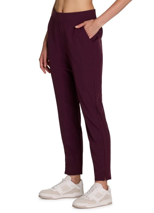 RBX Activewear Women's Ankle Pant, Quick Drying Lightweight Stretch Woven Straight Leg Pants with Pockets Ribbed Side Burgun