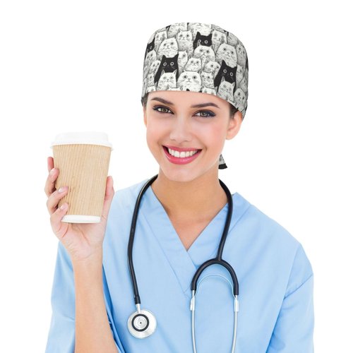 Black and White Cat Working Cap Scrub Cap with Sweatband Adjustable Unisex Men Women Tie Back Hat Nurse Surgical Caps
