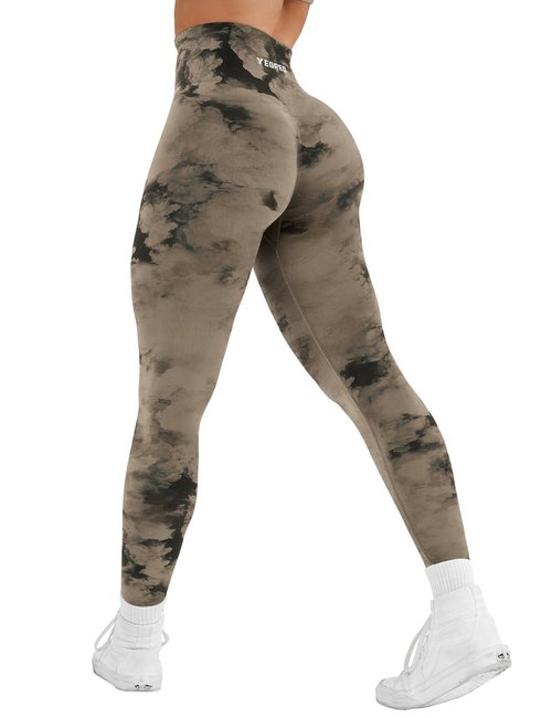 YEOREO Workout Leggings for Women Dazzle Scrunch Butt Lifting Leggings Seamless Screen Print Gym Yoga Pants Brown Cloud M