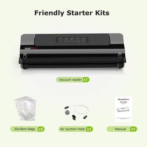 Bonsenkitchen Vacuum Sealer - Multi-Functional Food Preservation System with 5 Bags & Accessory Tube, Black
