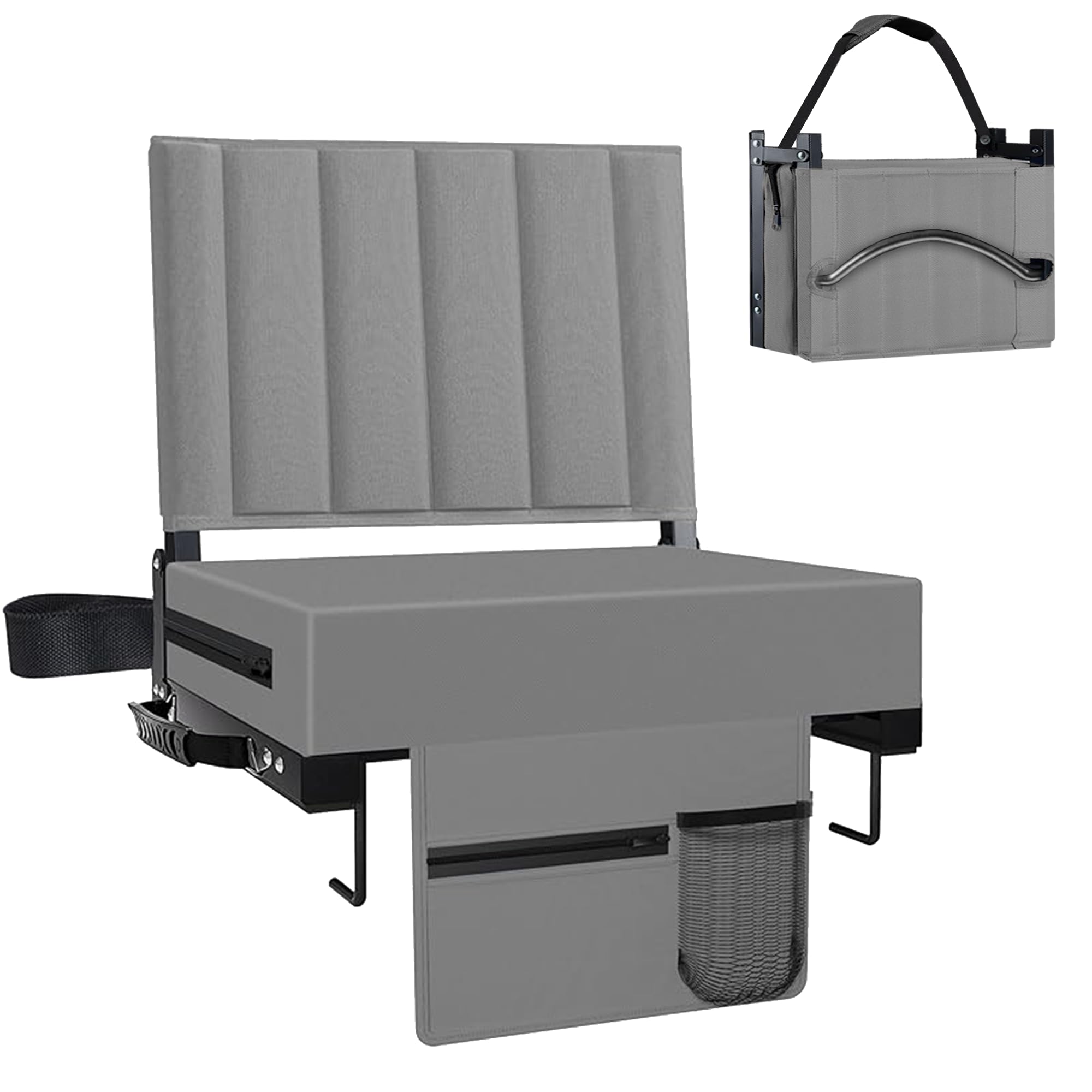Aliphon Stadium Seat for Bleachers with Back Support and Cushion, Bleacher Seats with Shoulder Strap and Cup Holder, Padded Portable Folding Comfort Stadium Chair, for Sports Events, Grey (1pcs)