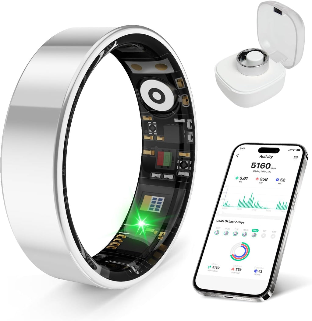 Smart Health Ring - Waterproof Fitness Tracker with Stress & Sleep Monitoring | Compatible with iOS & Android (Silver, Size 8)