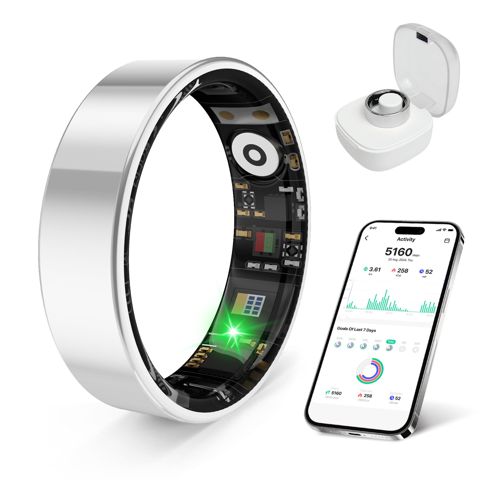 prxxhri Smart Health Ring, Featuring Stress and Sleep Monitoring Functions, Compatible with iOS and Android,Waterproof Fitness Tracker for Women & Men, No Subscription Fee. (Silver, 12)
