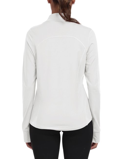 MoFiz Womens Full Zipper Running Jackets Stand Collar Slimming Gym Yoga Tops Long Sleeve Sportwear with Thumb Holes White L