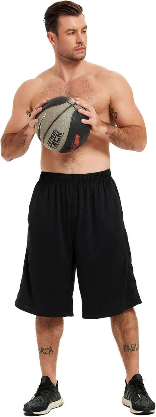 HQUEC Men's Athletic Basketball Shorts - 12" Loose-Fit Workout Shorts with Pockets