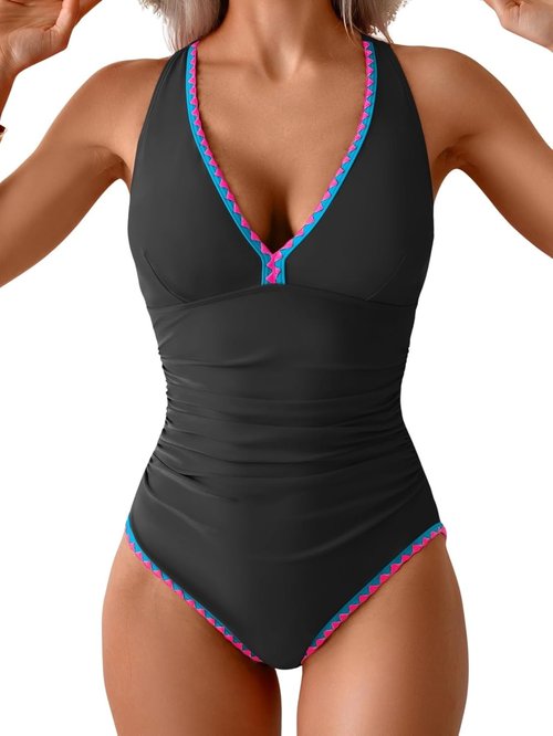B2prity One Piece Swimsuit - Tummy Control Ruched Bathing Suit with Push-Up Design | Stylish Tie Back