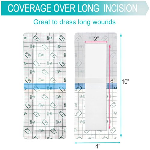 Waterproof Incision Bandages for Large Wounds Knee Hip Replacement Adheisve Island Dressing Bandaid Tape Post Surgical Shower Protector, No Glue On Center 4 x 10 Inch (Pack of 14)