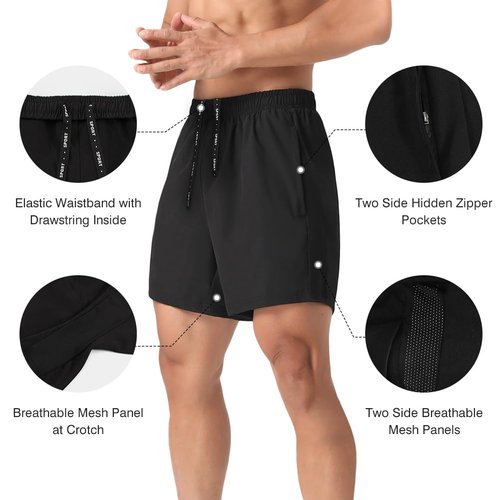 MAXCK 2 Pack Mens Lightweight Athletic Running Shorts 5'' Quick Dry Gym Workout Shorts with Zipper Pockets Black/Dark Grey,Large