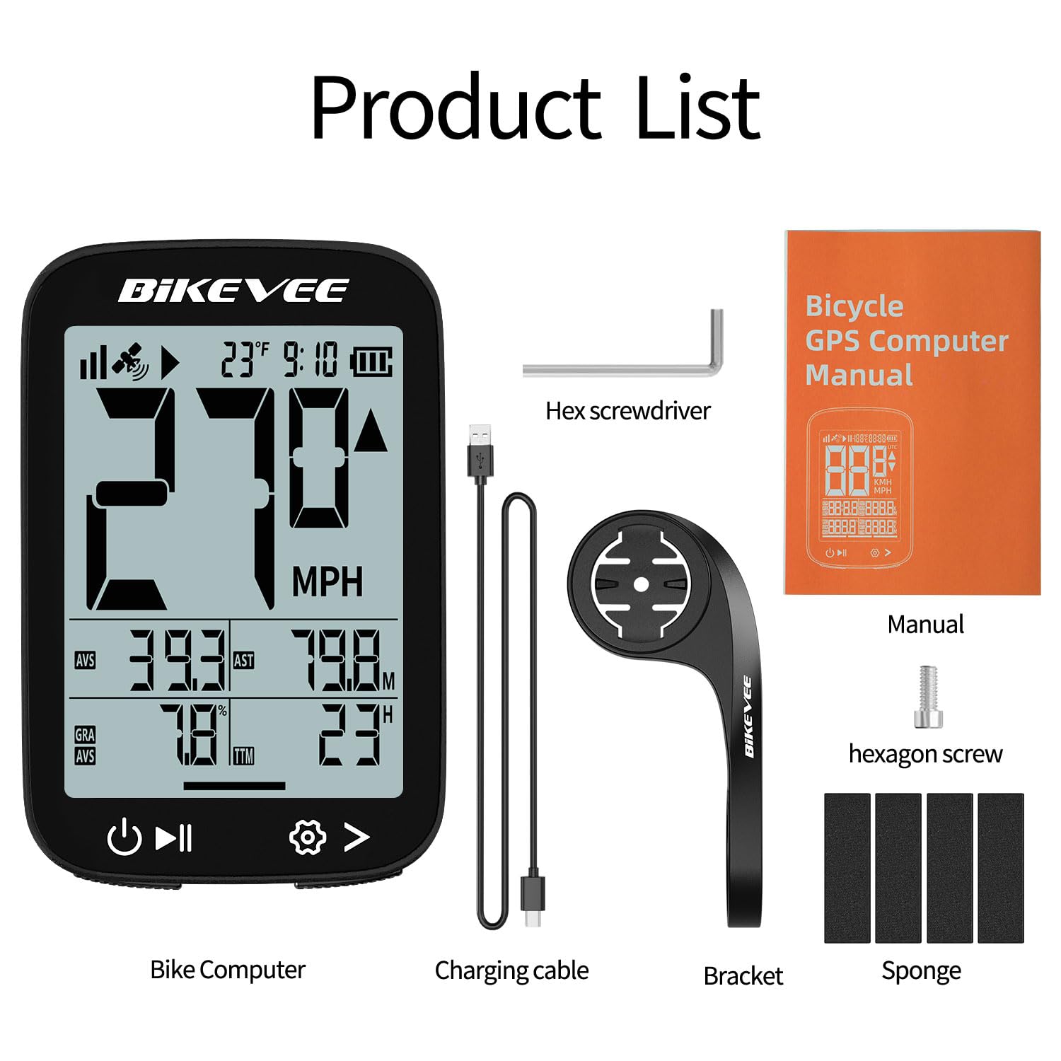 Bikevee GPS Bike Computer Wireless Cycling Computer with Auto Backlight, Waterproof Bicycle Speedometer Odometer for Road Mountain Bikes - Balck