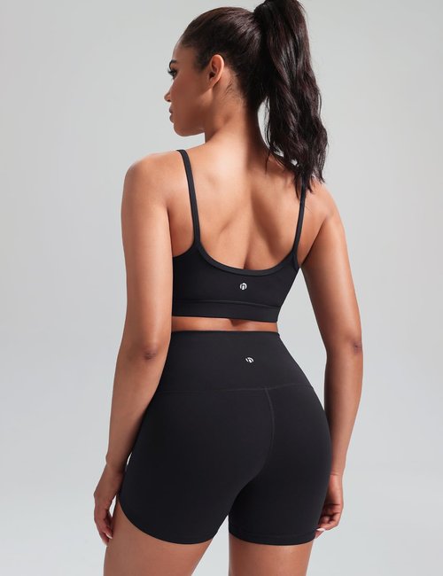 HeyNuts Womens V Neck Sports Bra, Low Impact Spaghetti Thin Strap Scoop Back Wirefree Camisole Workout Athletic Basic Gym Yoga Tops Padded with Built in Bras Black S