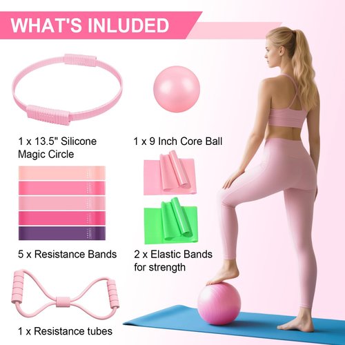 Pilates Essentials Kit for Women,10PCS Pilates Set with 13" Magic Circle Pilates Ring and Yoga Ball, 5 Resistance Bands for Toning & Stretching Strap & Tension Rope Exercise Equipment for Home Workout