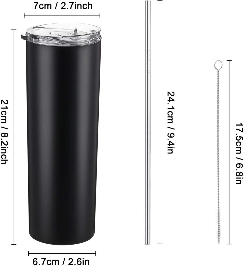 Skiennix 20 oz Stainless Steel Skinny Tumbler - Double-Insulated, Splash-Proof Lid & Straw | Black