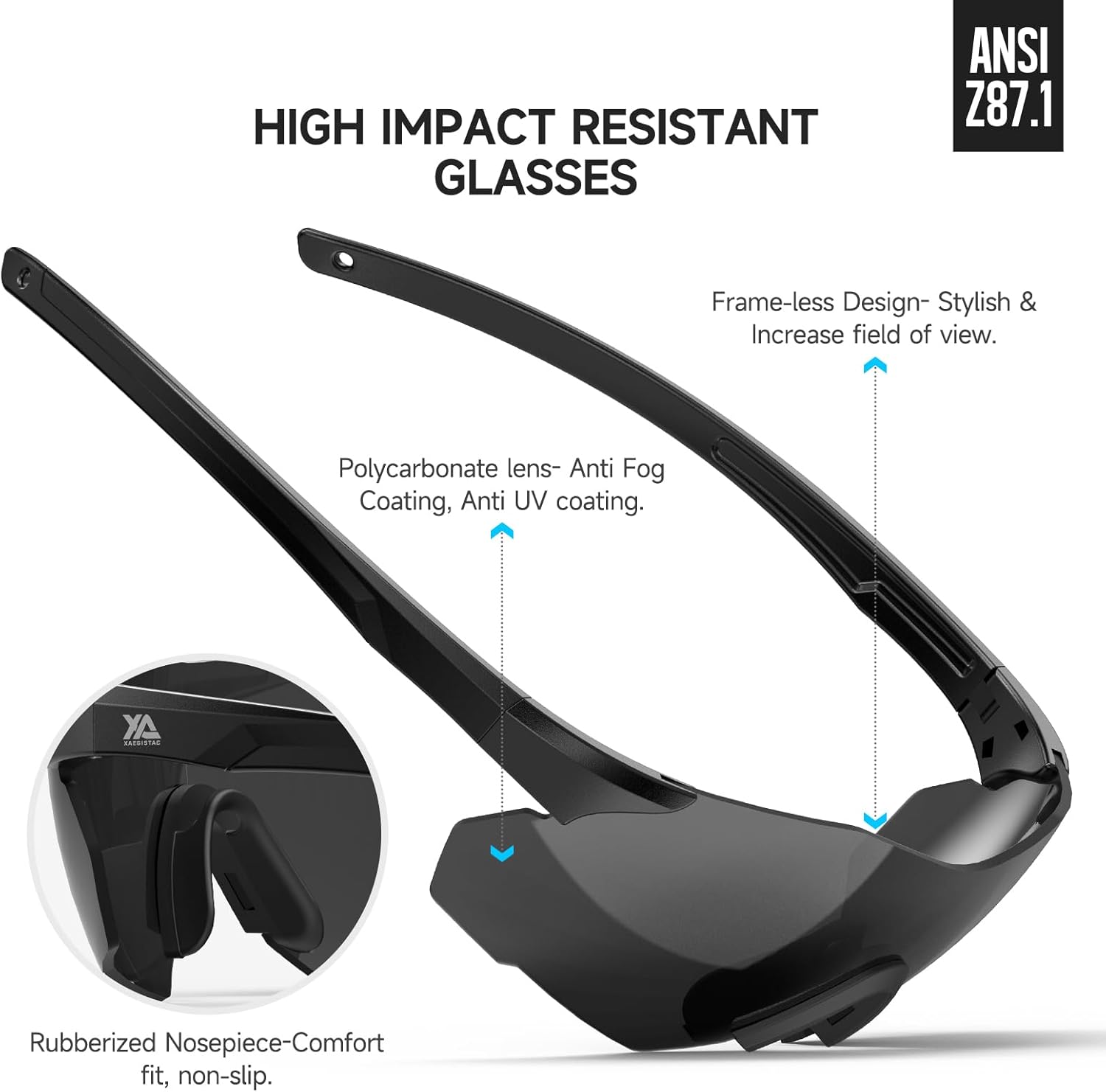 Xaegistac Safety Glasses - Anti-Fog Shooting Glasses with Wide Field of View & Soft Nose Pad