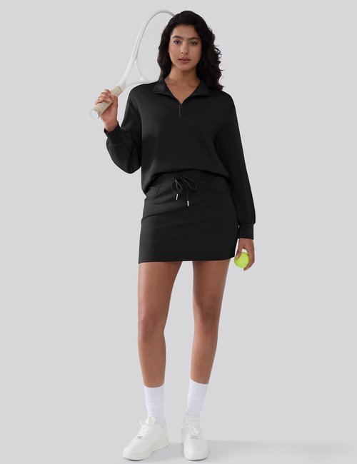 SHESHOW 2 Piece Skirt Set for Women Casual Quarter Zipper Long Sleeve Top and Tennis Skorts for Woman Black M