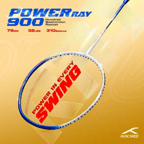 HUNDRED Power Ray 900 Badminton Racket | Material: Carbon Fibre | Gender: Unisex | Ultralight 79g | Strung Racket | Max Tension =32 lbs | Professional Grade | Includes Full Cover