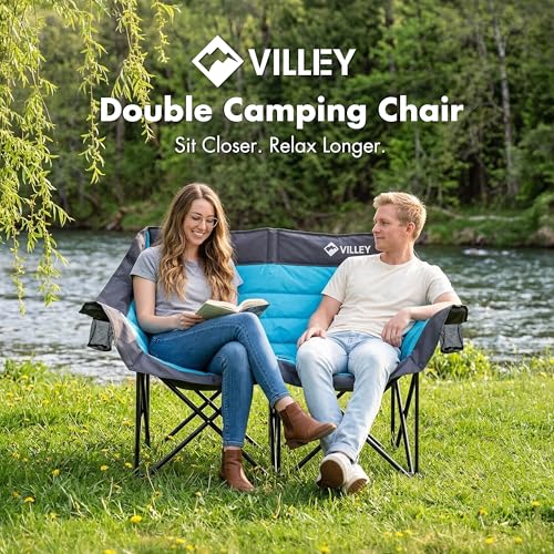 Blue Oversized Double Camping Chair, Heavy-Duty Folding Loveseat for Outdoor