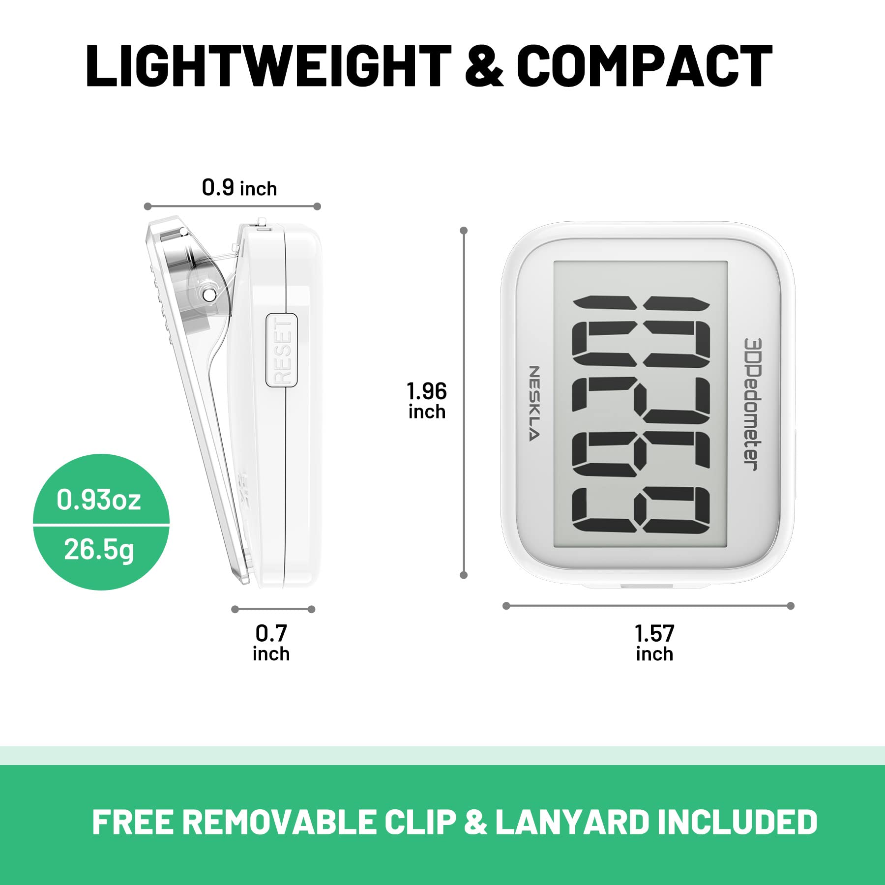 NESKLA 3D Pedometer for Walking, Simple Step Counter with Large Digital Display, Step Tracker with Removable Clip Lanyard, Accurately Track Steps for Men Women Kids Adults Seniors-White