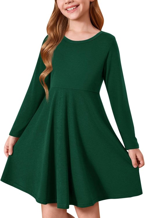 Haloumoning Girls A-Line Long Sleeve T-Shirt Dress - Twirly Skater Style for Ages 5-14
