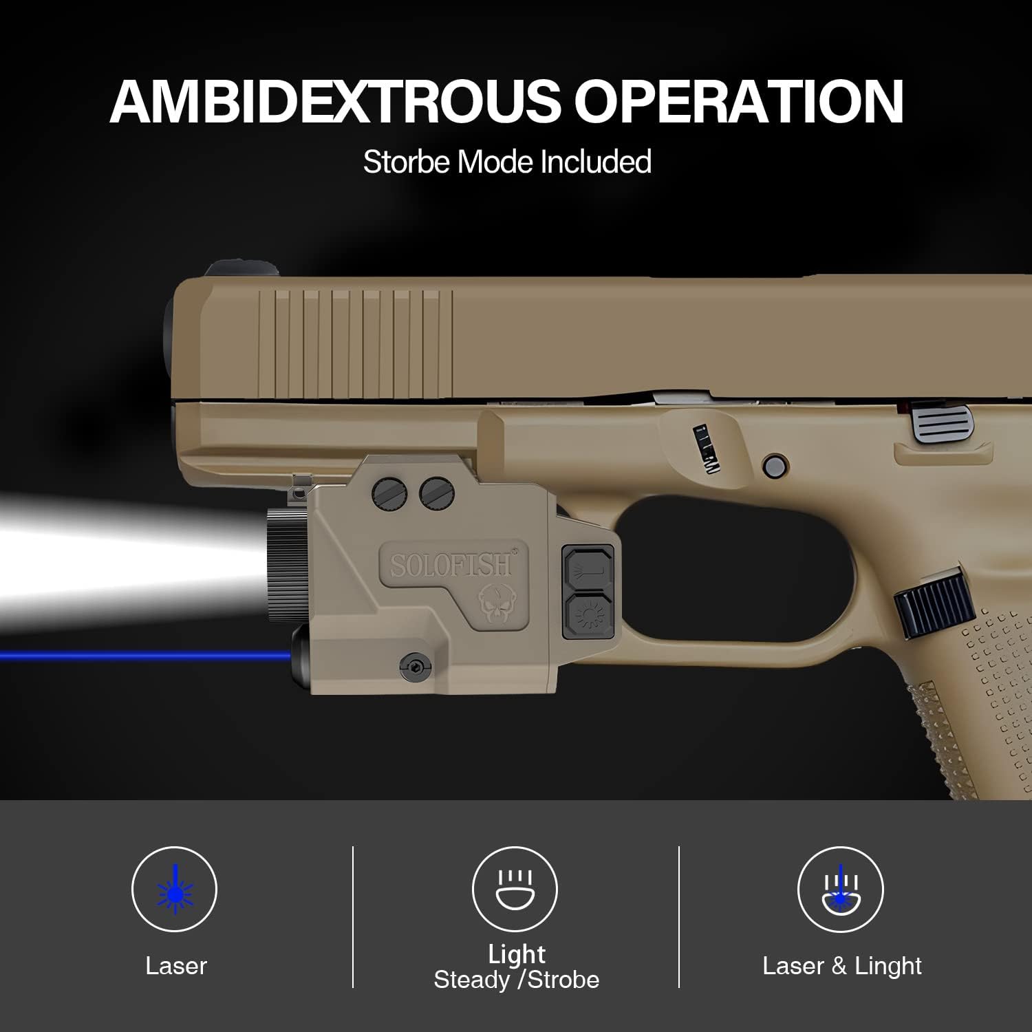 Solofish Pistol Light & Blue Laser Combo - 800 Lumens Tactical Flashlight with Strobe Function | Fits Full Size & Compact Guns