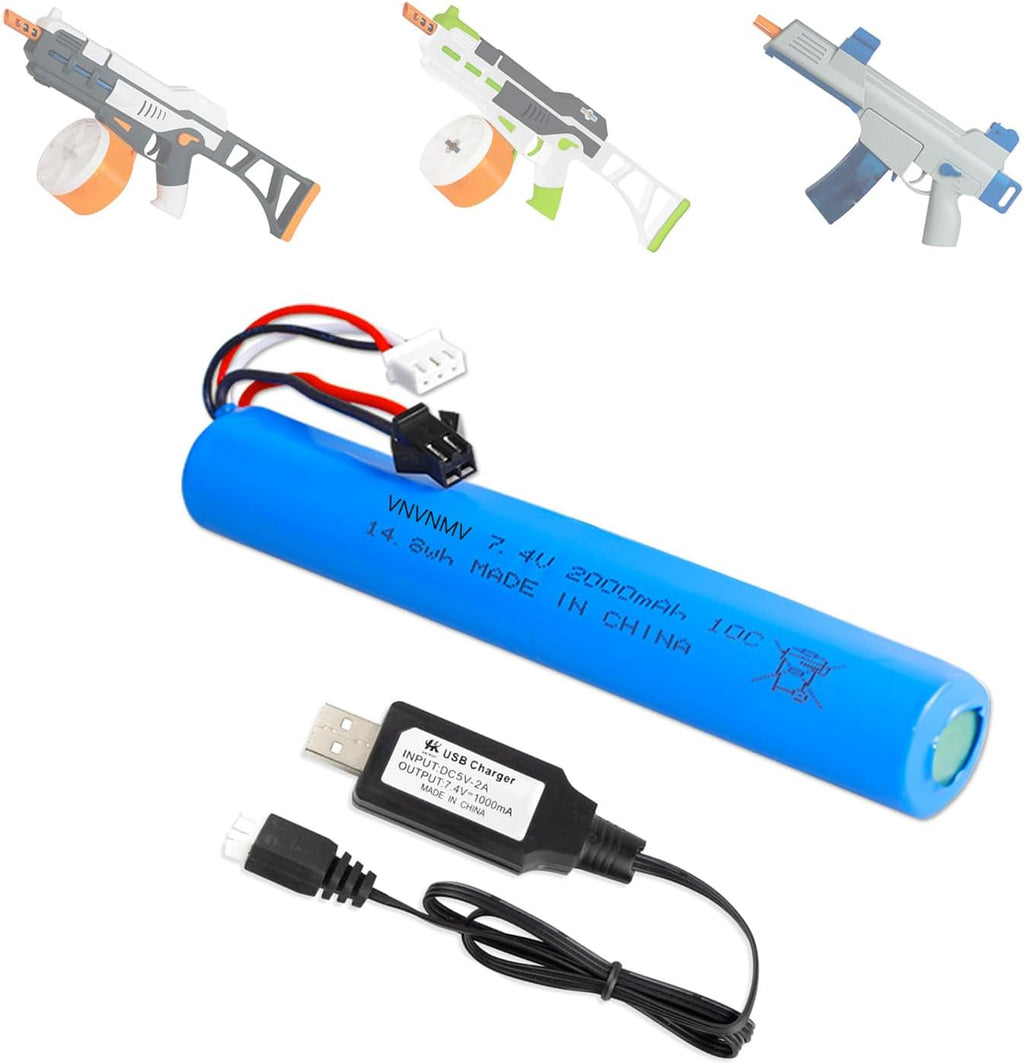 Splatrball 7.4V 2000mAh Rechargeable Battery - USB Charger Compatible with SRB1200 & 400 Gel Blasters