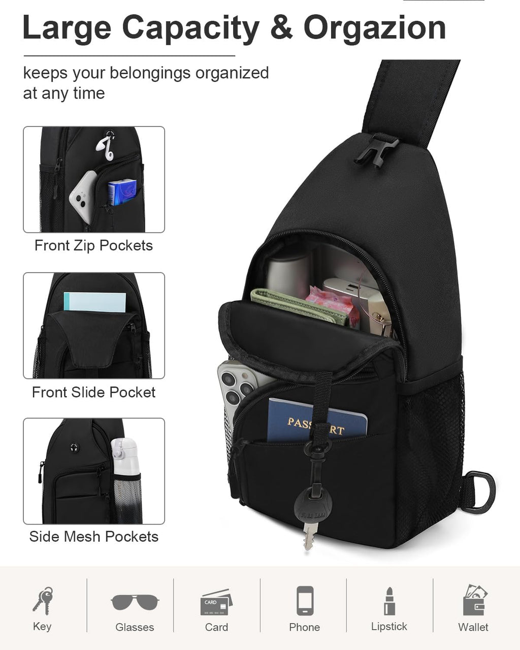 Skiennix Waterproof Crossbody Bag - Trendy Sling Backpack with Convertible Shoulder Strap | Black, Medium