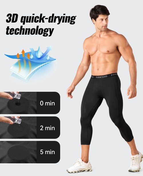Niksa 3/4 Men's Compression Pants - Athletic Running Capri Tights Quick Dry Basketball Sports Leggings Gym Workout Base Layer