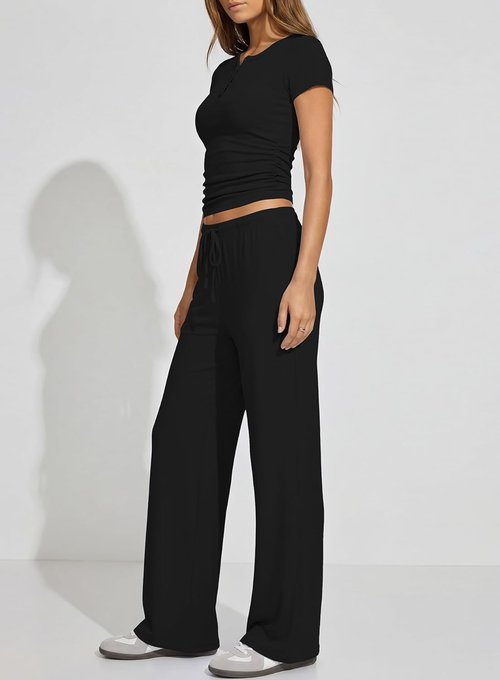 Darong Women's Lounge Set - Summer Short Sleeve Henley Shirt & Wide Leg Pants | Travel Outfit