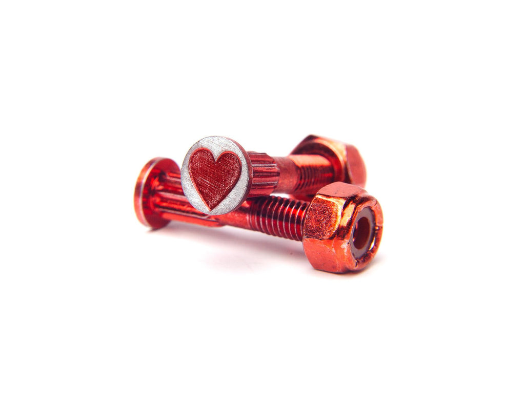 Screw City Skateboard Hardware Set – 8 Bolts & 8 Nuts (1") – Anodized Red Coating, Half-Threaded, Iron Made – Polished Finish – Fits Most Skateboards & Cruisers – Durable Mounting Kit – Heart Design