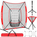 Baseball Net Set with Batting Tee & Ball Caddy - Portable Softball & Baseball Practice Equipment - Red