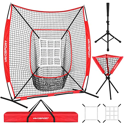 Baseball Net Set with Batting Tee & Ball Caddy - Portable Softball & Baseball Practice Equipment - Red
