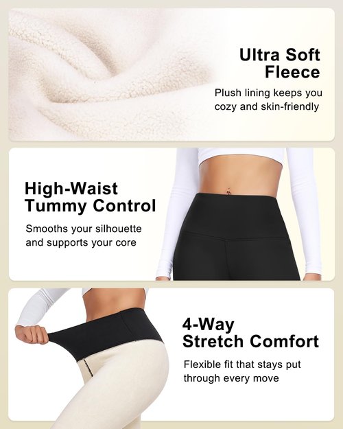 Fleece Lined Leggings Women Black - Thermal Pants High Waist Tummy Control, Squat Proof Thick Warm Yoga Tights
