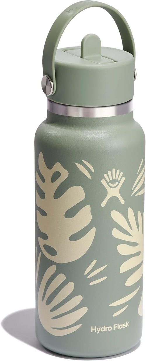 Hydro Flask Water Bottle - Insulated Stainless Steel with Wide Mouth Flex Straw Lid | 32 Oz Botanical Bliss Agave