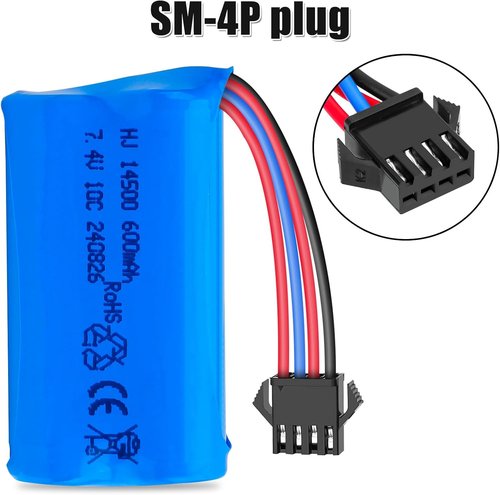 Crazepony 7.4V Li-Ion 600mAh Rechargeable Battery - SM-4P Plug & Charger Cable for RC Vehicles | 2 Pack