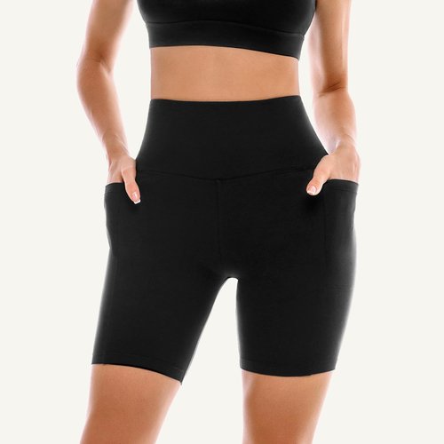 Leafigure 2 Pack Womens Biker Shorts with Pockets, High Waisted Tummy Control Yoga Shorts for Women Running Gym and Workout White/Beige L-XL