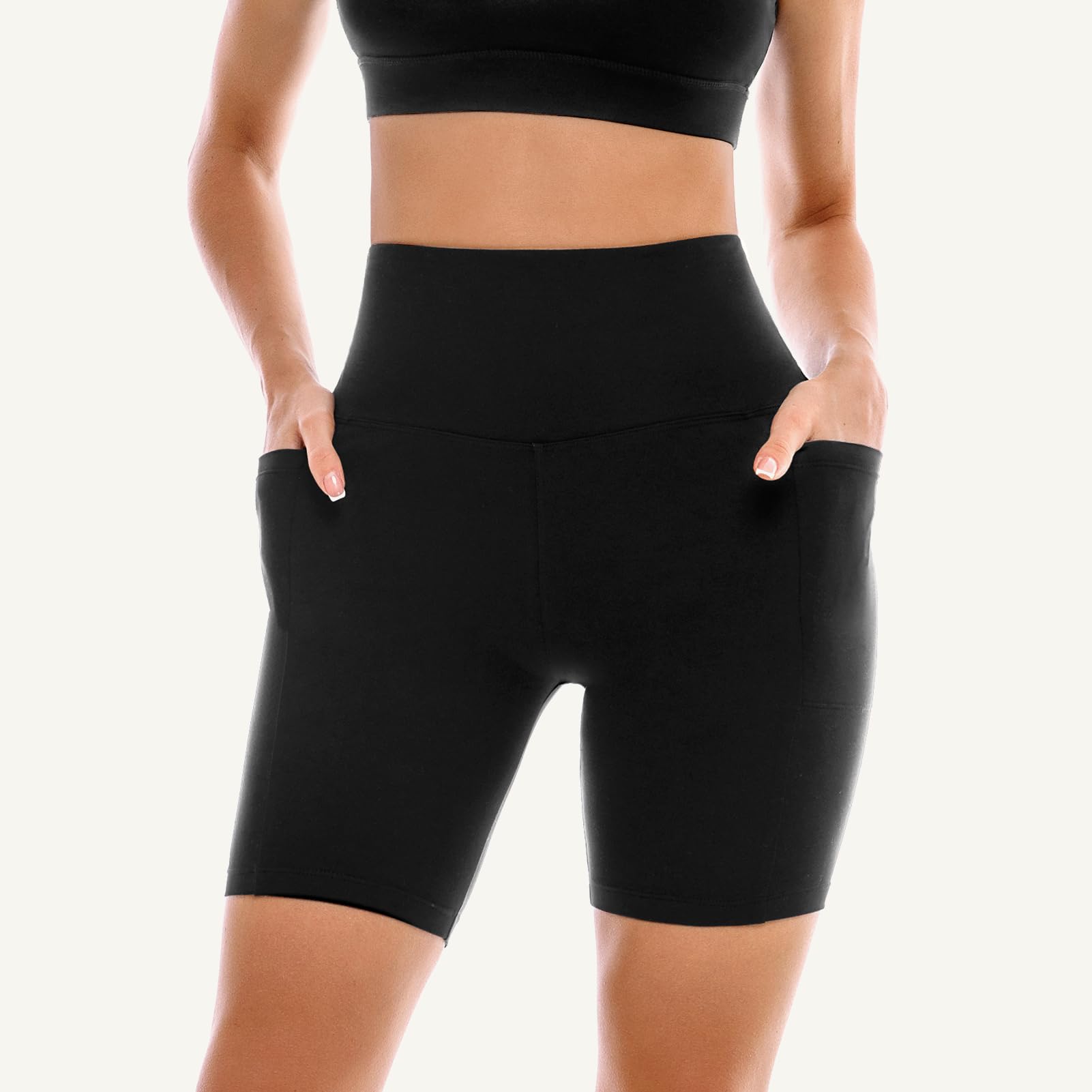 Leafigure 2 Pack Womens Biker Shorts with Pockets, High Waisted Tummy Control Yoga Shorts for Women Running Gym and Workout Black/Khaki XXL