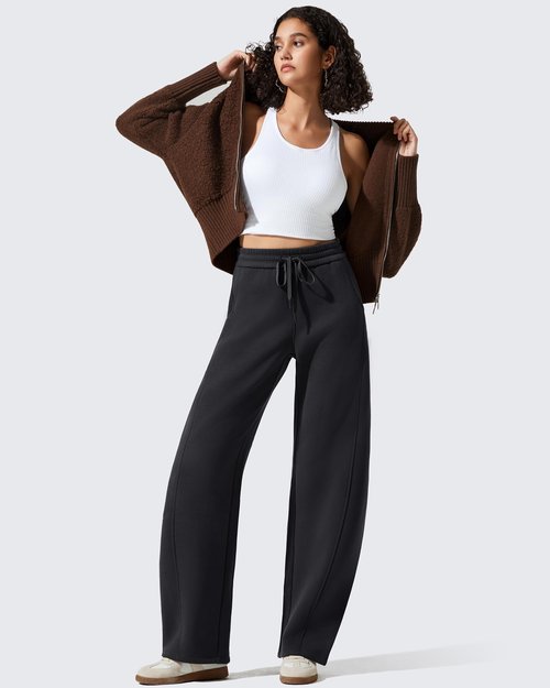 G4Free Fleece Lined Sweatpants Women Cotton Warm Yoga Pants Wide Leg with Pockets Comfy Warm Thermal Trouser((Black,M,29")