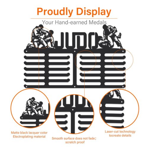 SUPERDANT Judo Medal Hanger Display Sports Medal Holder 6 Rows Wall Mount Judo Medals Hanging Hook Black Metal Display Rack Hangers Iron Race Ribbon Award Organizer for Athletes Player