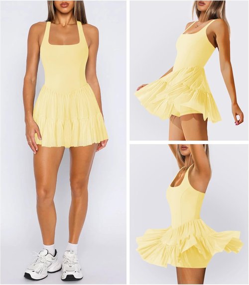 Hragc Women's Tennis Dress - Flowy Pleated Halter Neck Mini Dress with Shorts Pocket | Athletic Style
