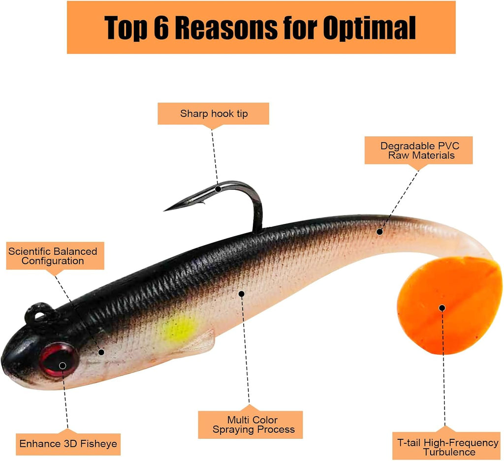 Skiennix 5Pcs Pre-Rigged Soft Lures - Paddle Tail Sinking Swimbaits for Bass & Trout | 3.35in/0.43oz