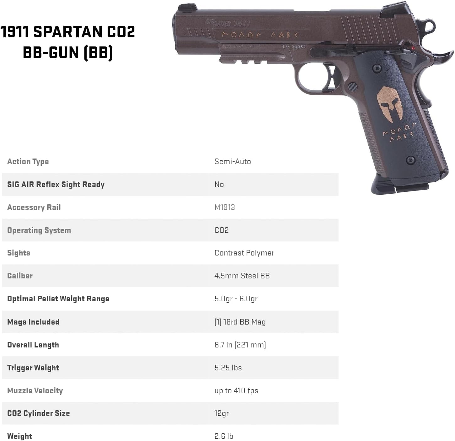 Sig Sauer 1911 Spartan CO2 Air Pistol - 4.5mm Steel BB Semi-Auto with 16rd Magazine