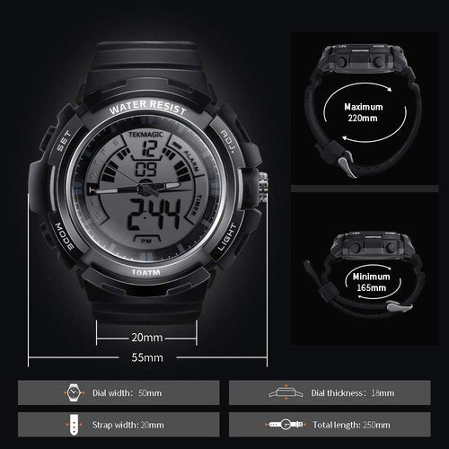 TEKMAGIC 10ATM 100m Outdoor Waterproof Sports Watch for Swimming with Back Light Stopwatch Chronograph Function Support Dual Time Zone (W17-Y)