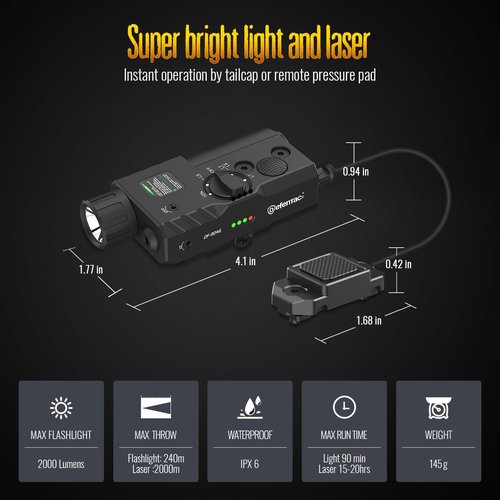 DEFENTAC 2000 Lumens Green Laser Light Combo - Rechargeable Tactical Flashlight with Strobe & Remote Switch for Rifles