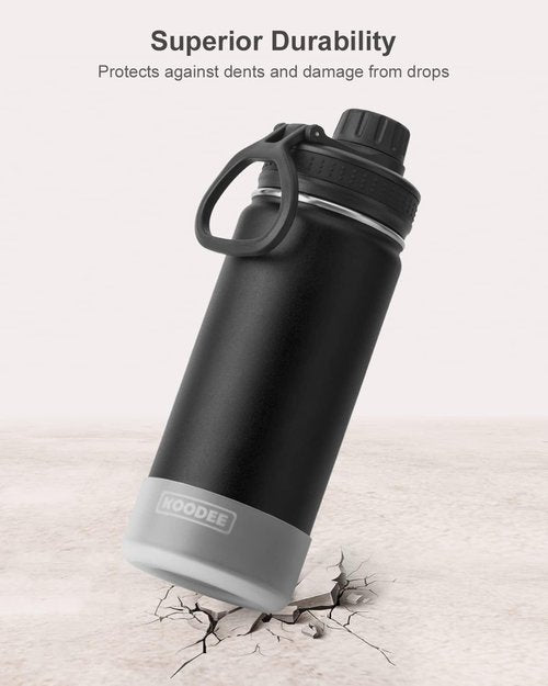 Koodee 16 Oz Stainless Steel Water Bottle - Double Wall Vacuum Insulated | Leakproof Spout Lid (Black)