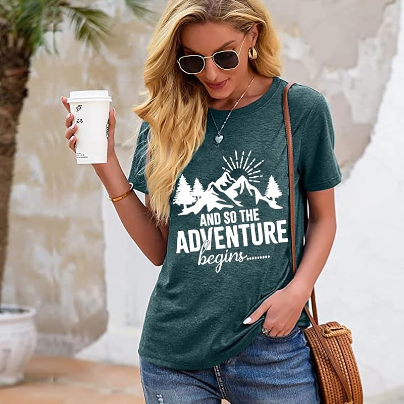 Women’s Mountain Adventure Begins Graphic Tee – Camping Hiking Shirt, Green, Large