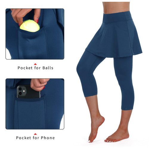 ANIVIVO Skirted Leggings for Women, Tennis Skirt with Leggings Capri Golf Athletic Pickleball Clothes with Pockets(Navy Blue L)