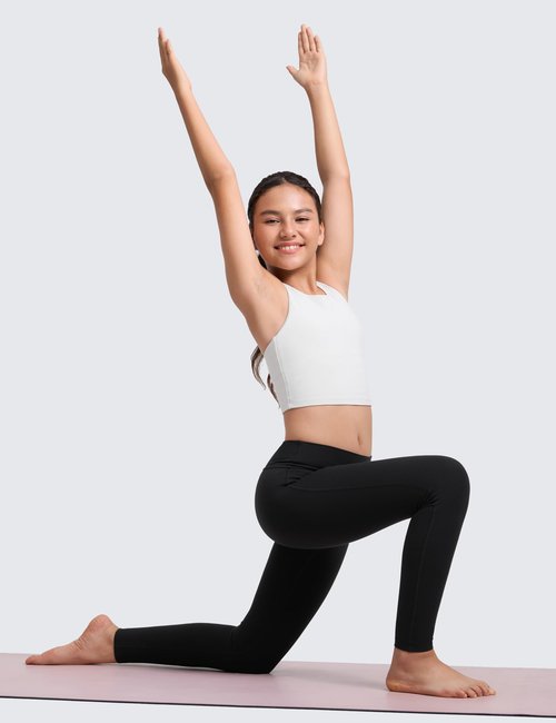 CRZ YOGA Girls Butterlift No Front Seam Full Length Yoga Leggings - Athletic Sports Casual Pants Tights Kids Teen Black Medium