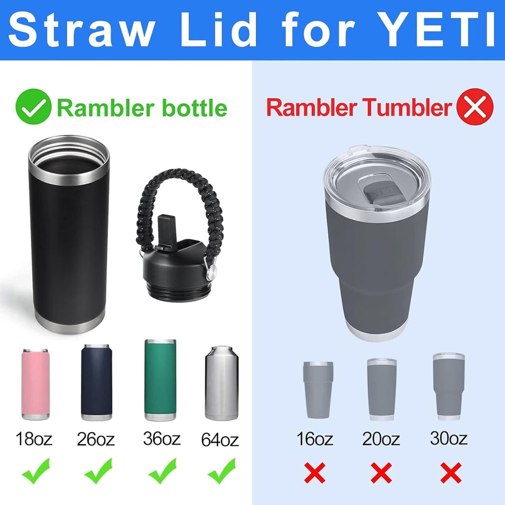 Yeti Rambler Straw Lid - Leak-Proof Replacement Cap with Straws & Paracord Handle | Fits 18-64 oz Bottles & Kids Jr 12 oz Cup | Black