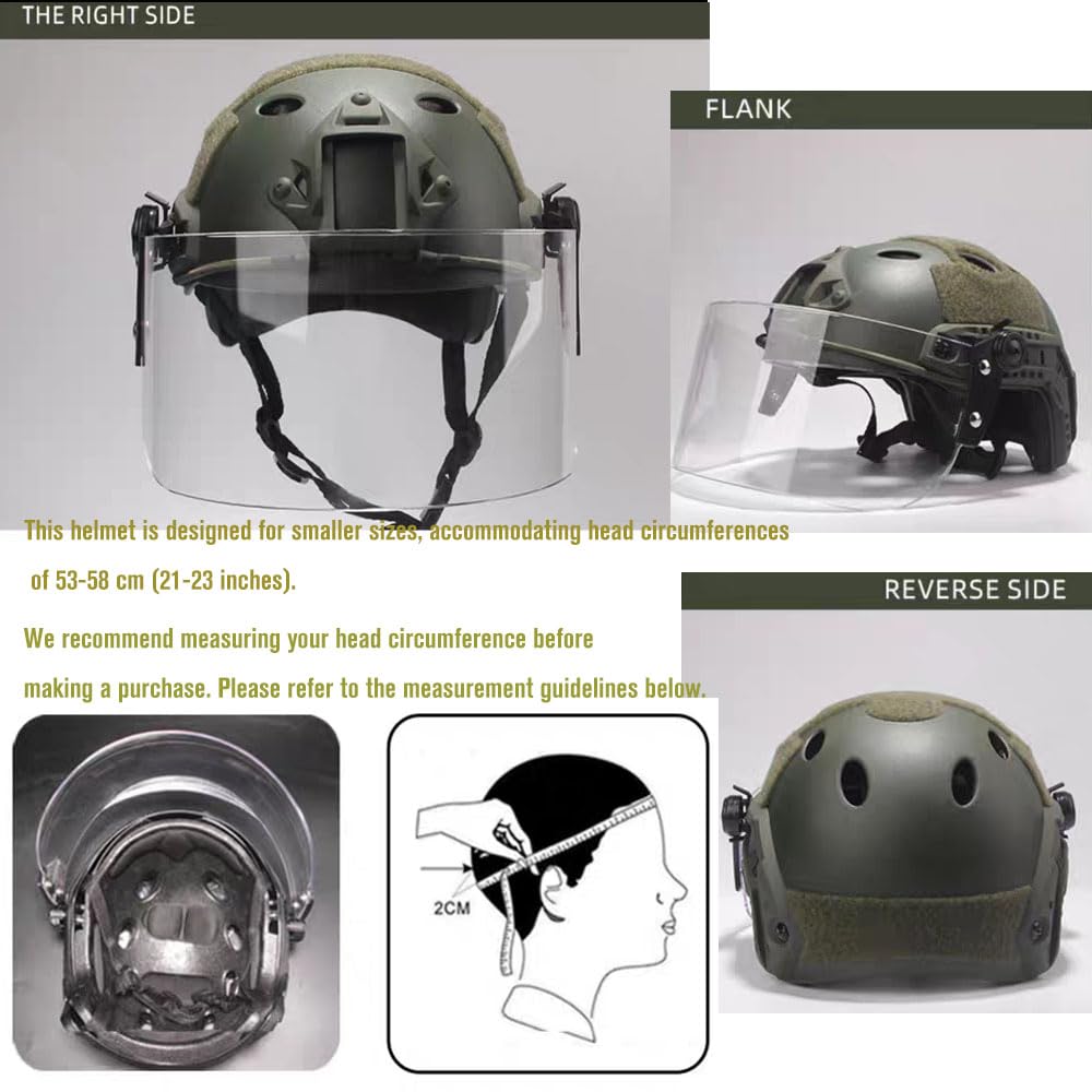 Tactical Airsoft Paintball PJ Type Fast Helmet with Face Shield Visor Goggles Side Rail & NVG Mount (OD Green)