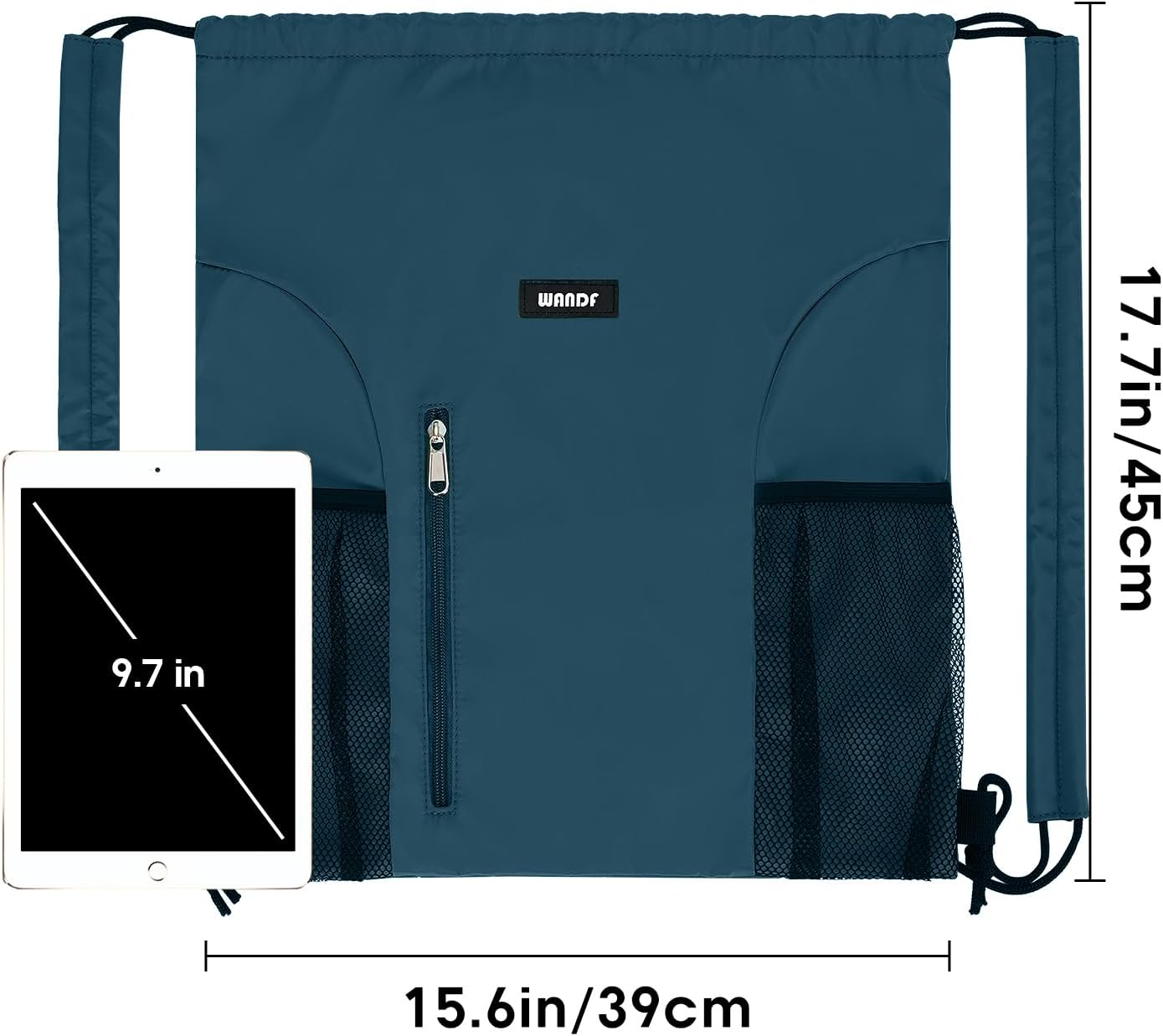 WANDF Drawstring Backpack - Comfortable Sports Gym Bag with Mesh Pocket | Blue-Green Color