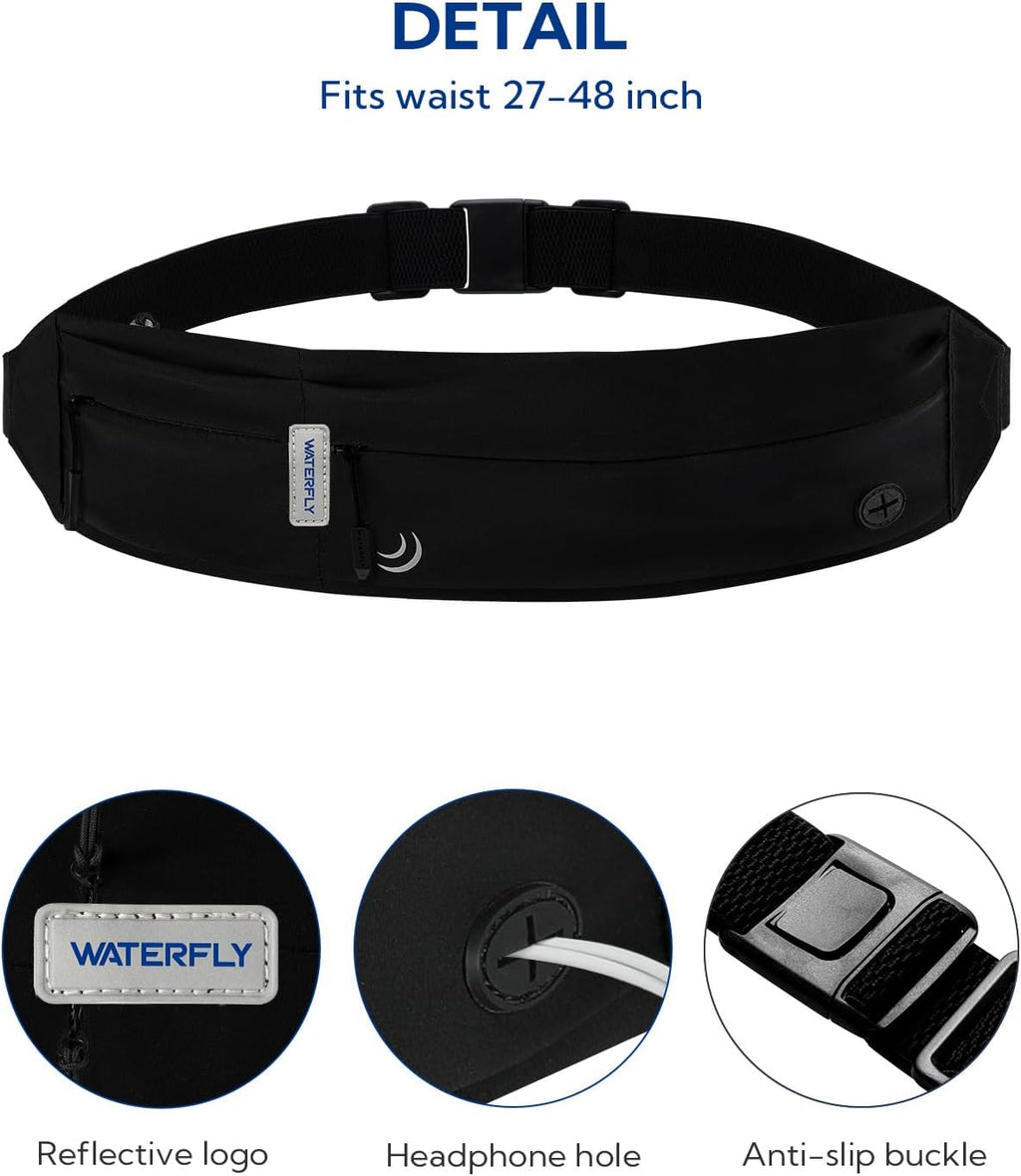 WATERFLY Running Belt - Slim Fanny Pack for Jogging & Fitness | Adjustable Phone Holder in Black